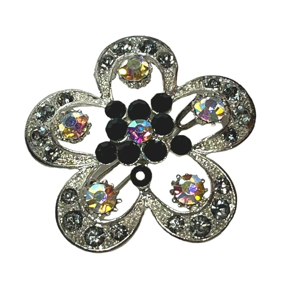Vintage Silver-Tone Flower-Shaped Scarf-Clip Black & Iridescent Stones